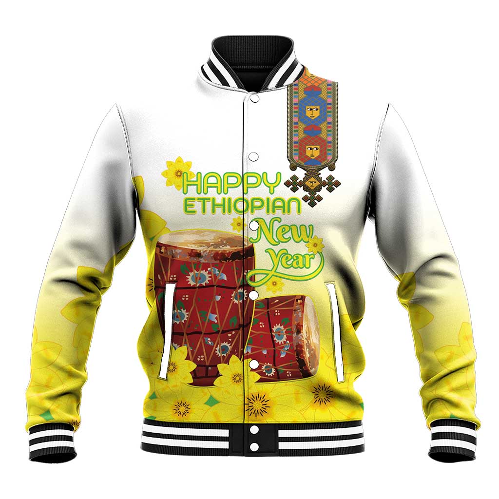 Ethiopian Enkutatash Baseball Jacket Kebero Drum With Adey Abeba Flower - Wonder Print Shop