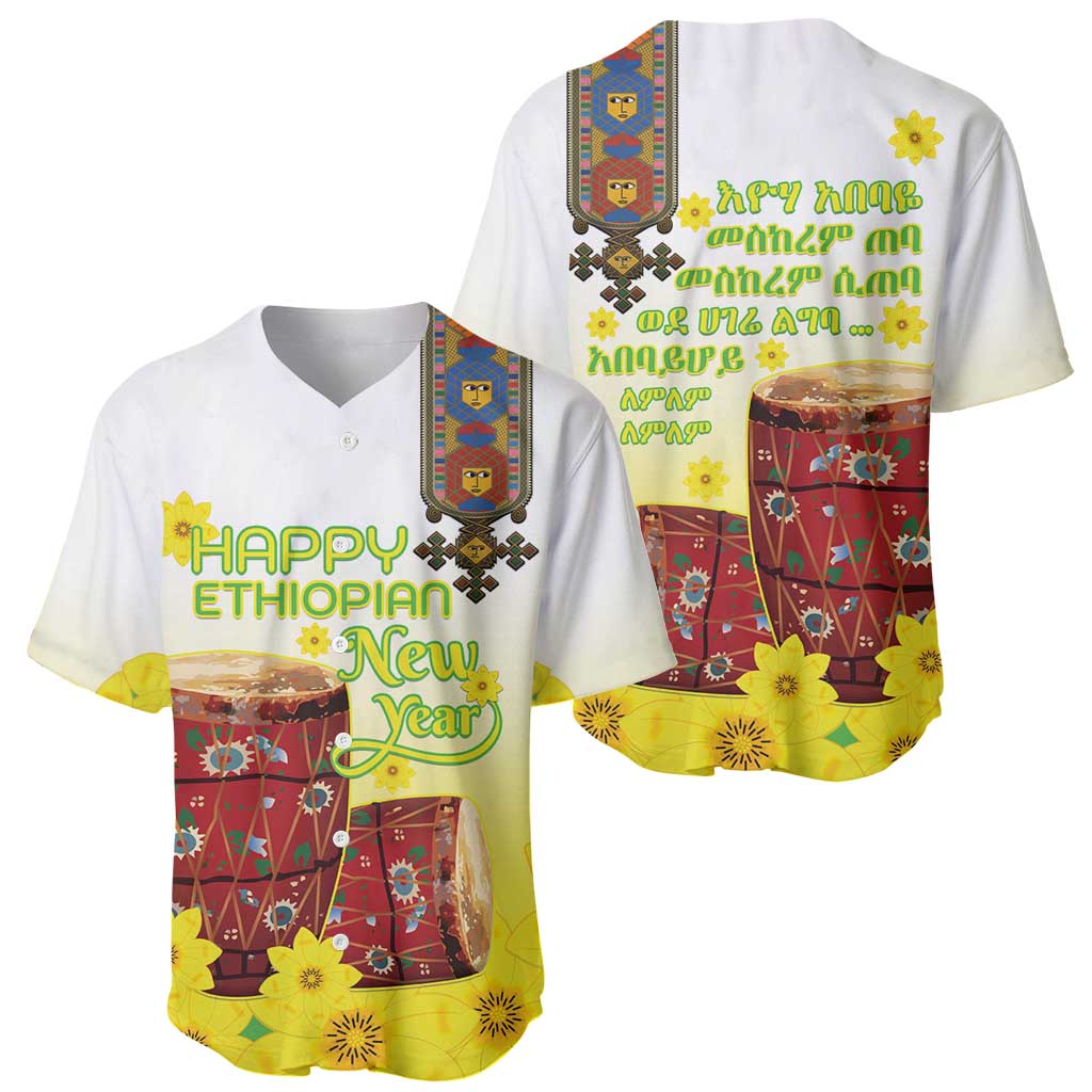 Ethiopian Enkutatash Baseball Jersey Kebero Drum With Adey Abeba Flower - Wonder Print Shop
