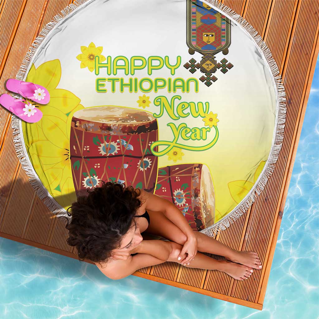 Ethiopian Enkutatash Beach Blanket Kebero Drum With Adey Abeba Flower - Wonder Print Shop