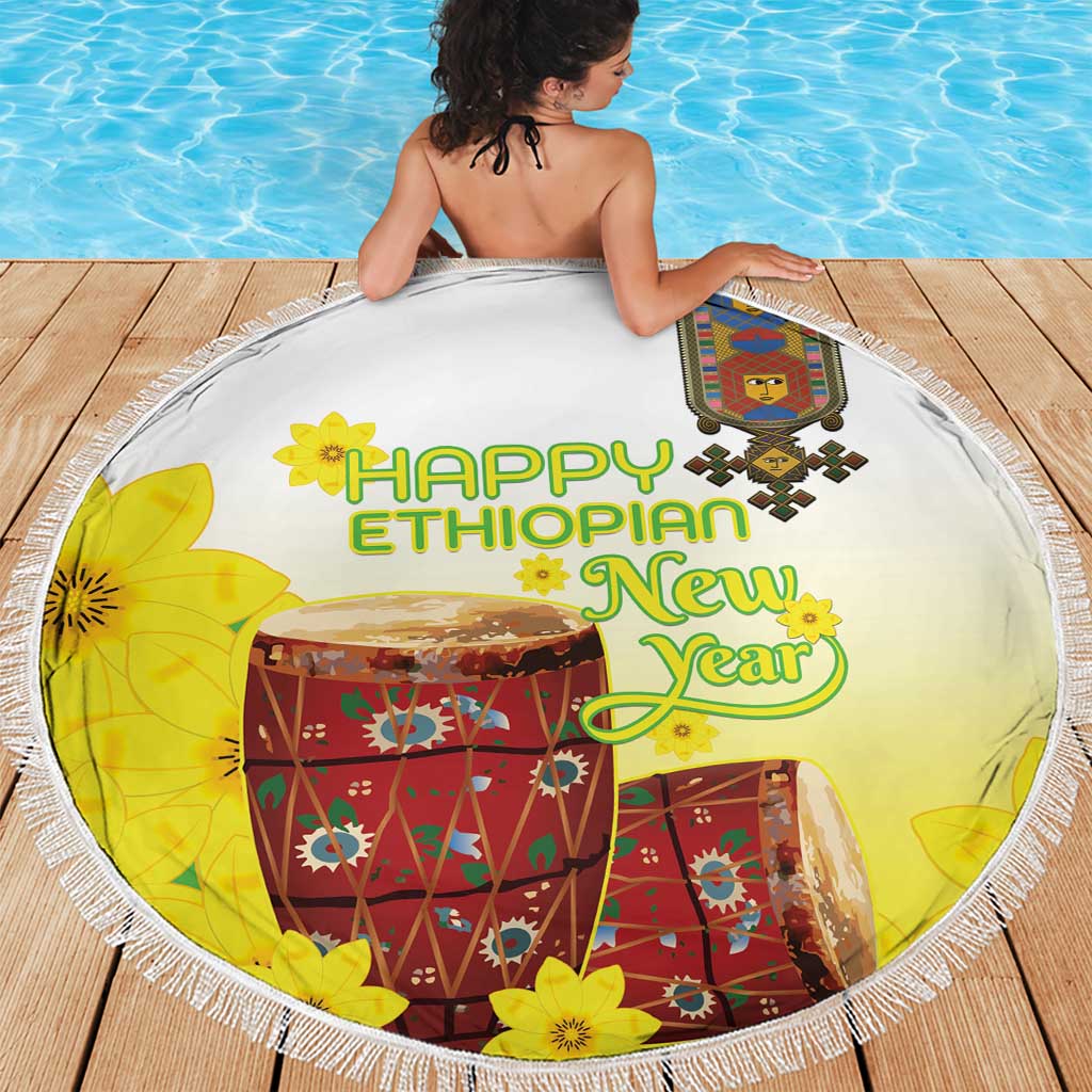 Ethiopian Enkutatash Beach Blanket Kebero Drum With Adey Abeba Flower - Wonder Print Shop