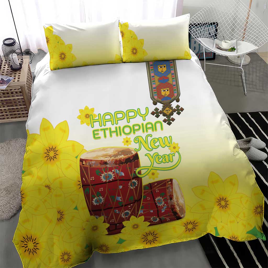 Ethiopian Enkutatash Bedding Set Kebero Drum With Adey Abeba Flower - Wonder Print Shop