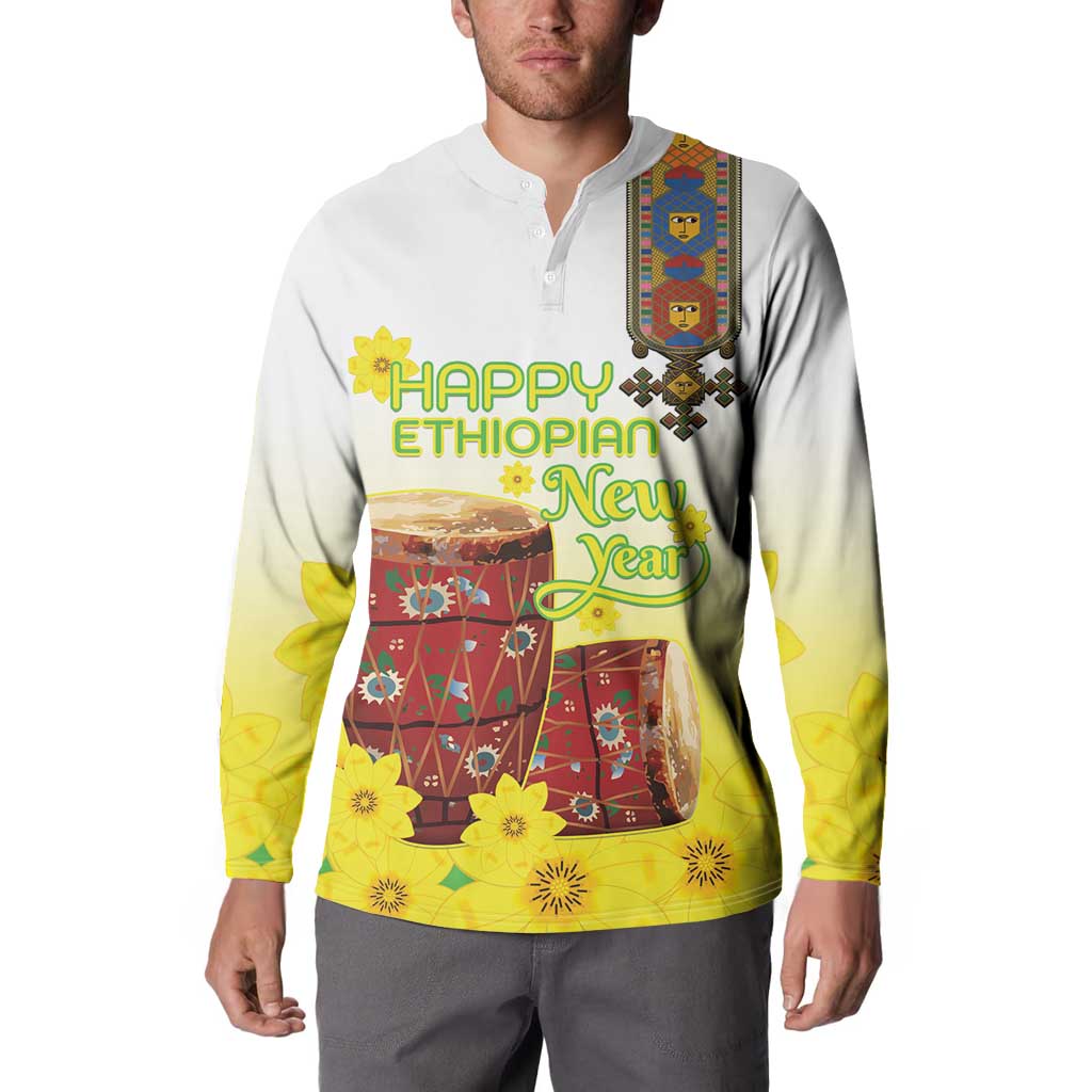 Ethiopian Enkutatash Button Sweatshirt Kebero Drum With Adey Abeba Flower - Wonder Print Shop