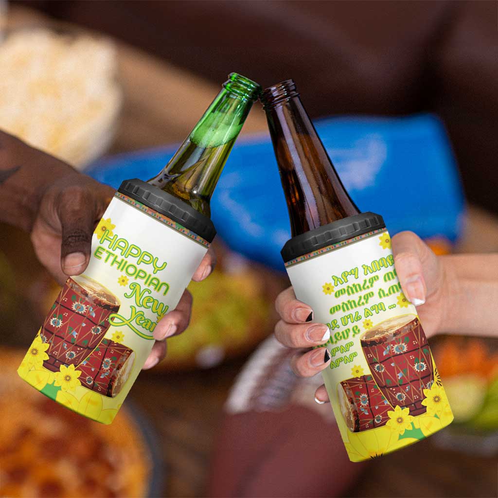 Ethiopian Enkutatash 4 in 1 Can Cooler Tumbler Kebero Drum With Adey Abeba Flower - Wonder Print Shop