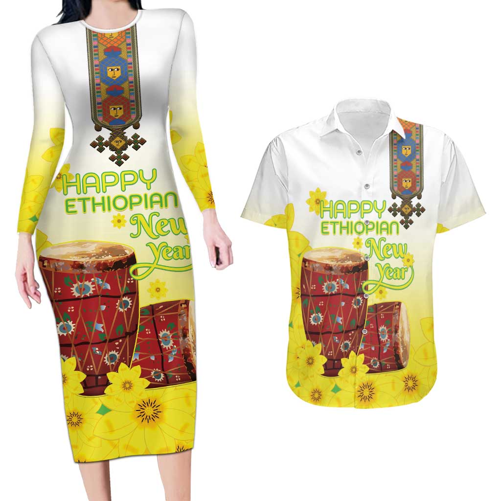 Ethiopian Enkutatash Couples Matching Long Sleeve Bodycon Dress and Hawaiian Shirt Kebero Drum With Adey Abeba Flower - Wonder Print Shop