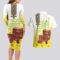 Ethiopian Enkutatash Couples Matching Long Sleeve Bodycon Dress and Hawaiian Shirt Kebero Drum With Adey Abeba Flower - Wonder Print Shop
