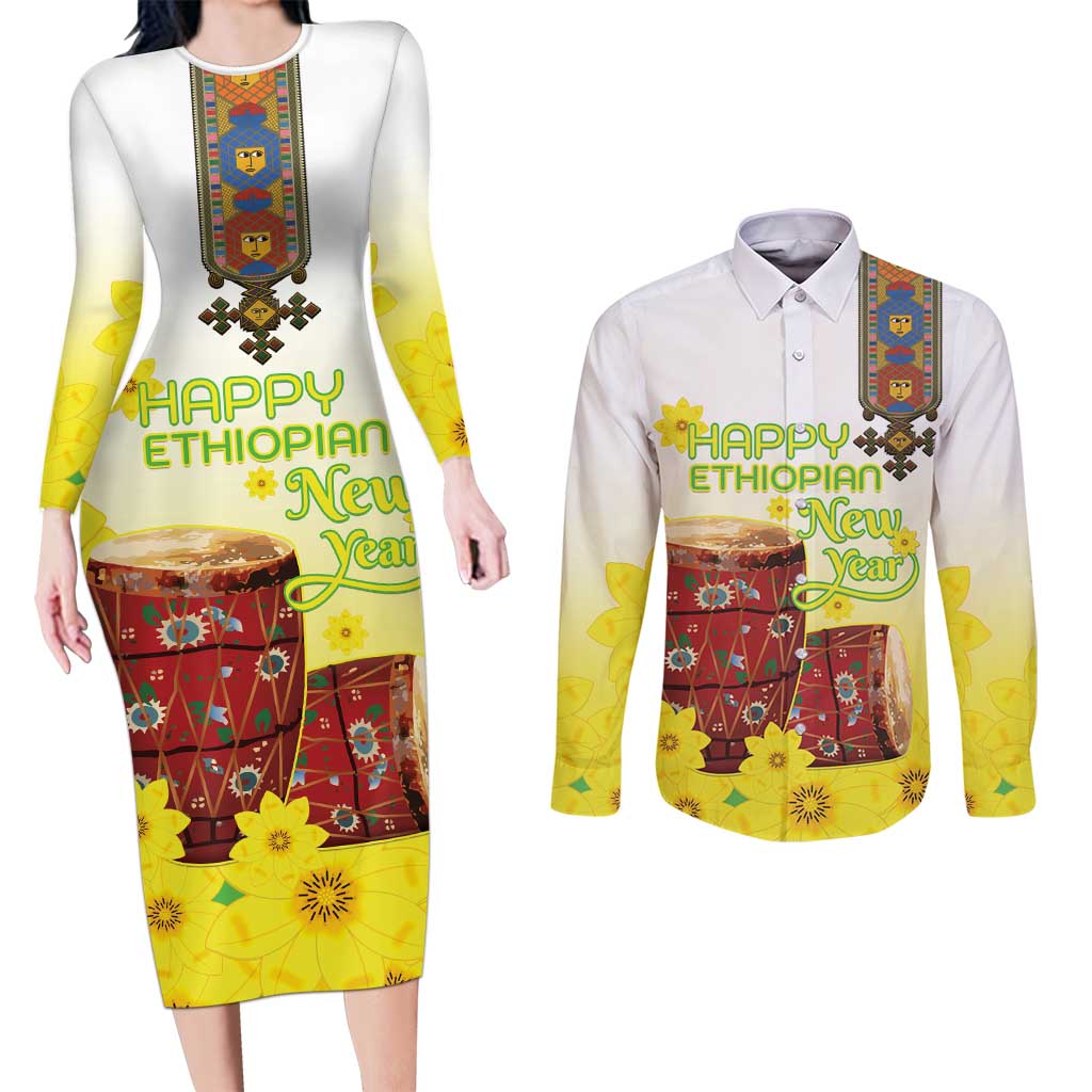 Ethiopian Enkutatash Couples Matching Long Sleeve Bodycon Dress and Long Sleeve Button Shirt Kebero Drum With Adey Abeba Flower - Wonder Print Shop