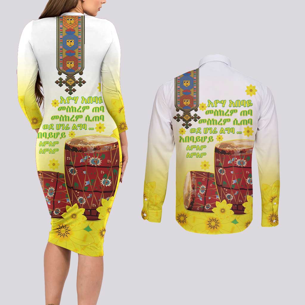 Ethiopian Enkutatash Couples Matching Long Sleeve Bodycon Dress and Long Sleeve Button Shirt Kebero Drum With Adey Abeba Flower - Wonder Print Shop