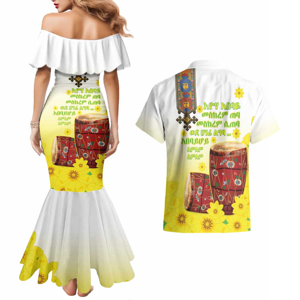 Ethiopian Enkutatash Couples Matching Mermaid Dress and Hawaiian Shirt Kebero Drum With Adey Abeba Flower - Wonder Print Shop