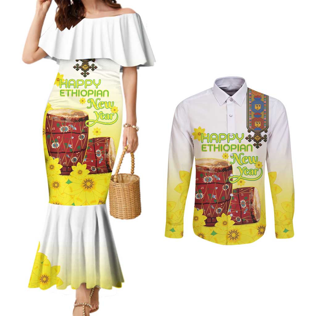 Ethiopian Enkutatash Couples Matching Mermaid Dress and Long Sleeve Button Shirt Kebero Drum With Adey Abeba Flower - Wonder Print Shop