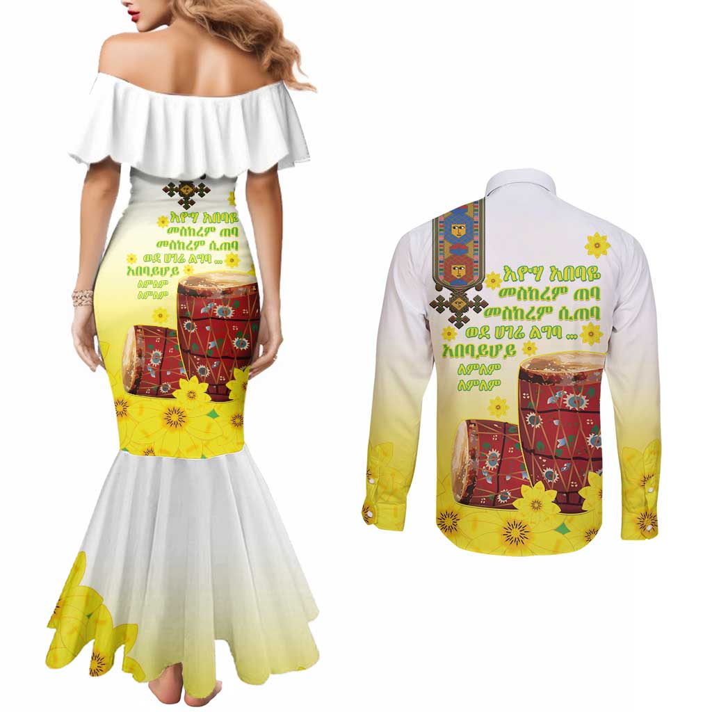 Ethiopian Enkutatash Couples Matching Mermaid Dress and Long Sleeve Button Shirt Kebero Drum With Adey Abeba Flower - Wonder Print Shop