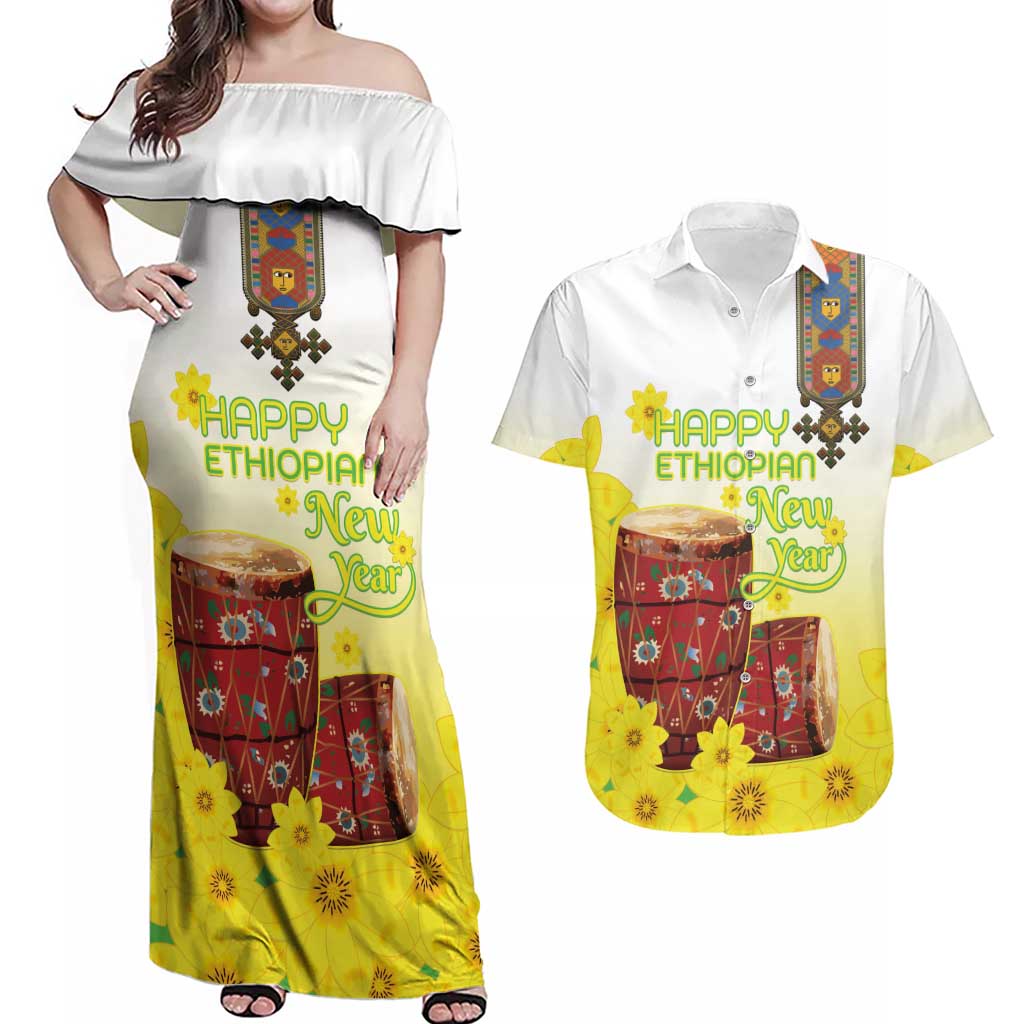 Ethiopian Enkutatash Couples Matching Off Shoulder Maxi Dress and Hawaiian Shirt Kebero Drum With Adey Abeba Flower - Wonder Print Shop