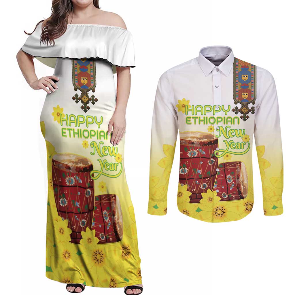 Ethiopian Enkutatash Couples Matching Off Shoulder Maxi Dress and Long Sleeve Button Shirt Kebero Drum With Adey Abeba Flower - Wonder Print Shop