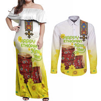 Ethiopian Enkutatash Couples Matching Off Shoulder Maxi Dress and Long Sleeve Button Shirt Kebero Drum With Adey Abeba Flower - Wonder Print Shop