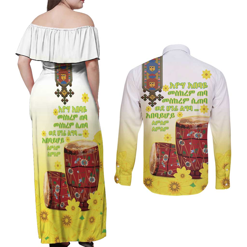 Ethiopian Enkutatash Couples Matching Off Shoulder Maxi Dress and Long Sleeve Button Shirt Kebero Drum With Adey Abeba Flower - Wonder Print Shop