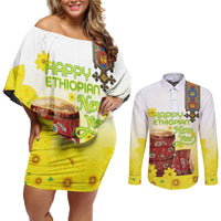 Ethiopian Enkutatash Couples Matching Off Shoulder Short Dress and Long Sleeve Button Shirt Kebero Drum With Adey Abeba Flower - Wonder Print Shop