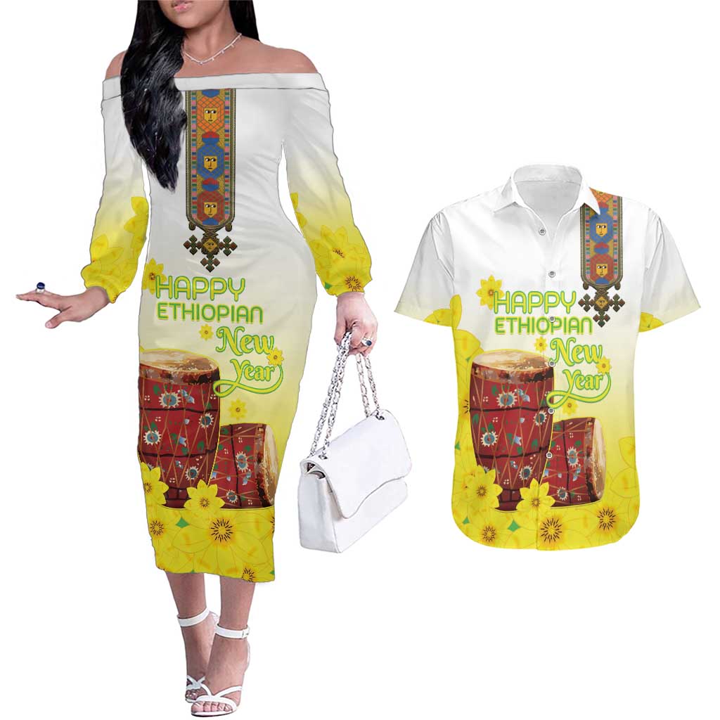 Ethiopian Enkutatash Couples Matching Off The Shoulder Long Sleeve Dress and Hawaiian Shirt Kebero Drum With Adey Abeba Flower - Wonder Print Shop