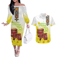 Ethiopian Enkutatash Couples Matching Off The Shoulder Long Sleeve Dress and Hawaiian Shirt Kebero Drum With Adey Abeba Flower - Wonder Print Shop