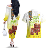 Ethiopian Enkutatash Couples Matching Off The Shoulder Long Sleeve Dress and Hawaiian Shirt Kebero Drum With Adey Abeba Flower - Wonder Print Shop