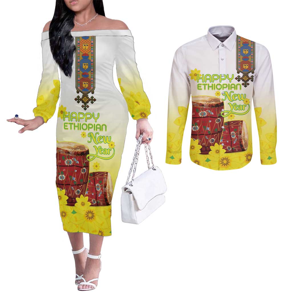 Ethiopian Enkutatash Couples Matching Off The Shoulder Long Sleeve Dress and Long Sleeve Button Shirt Kebero Drum With Adey Abeba Flower - Wonder Print Shop