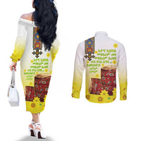 Ethiopian Enkutatash Couples Matching Off The Shoulder Long Sleeve Dress and Long Sleeve Button Shirt Kebero Drum With Adey Abeba Flower - Wonder Print Shop