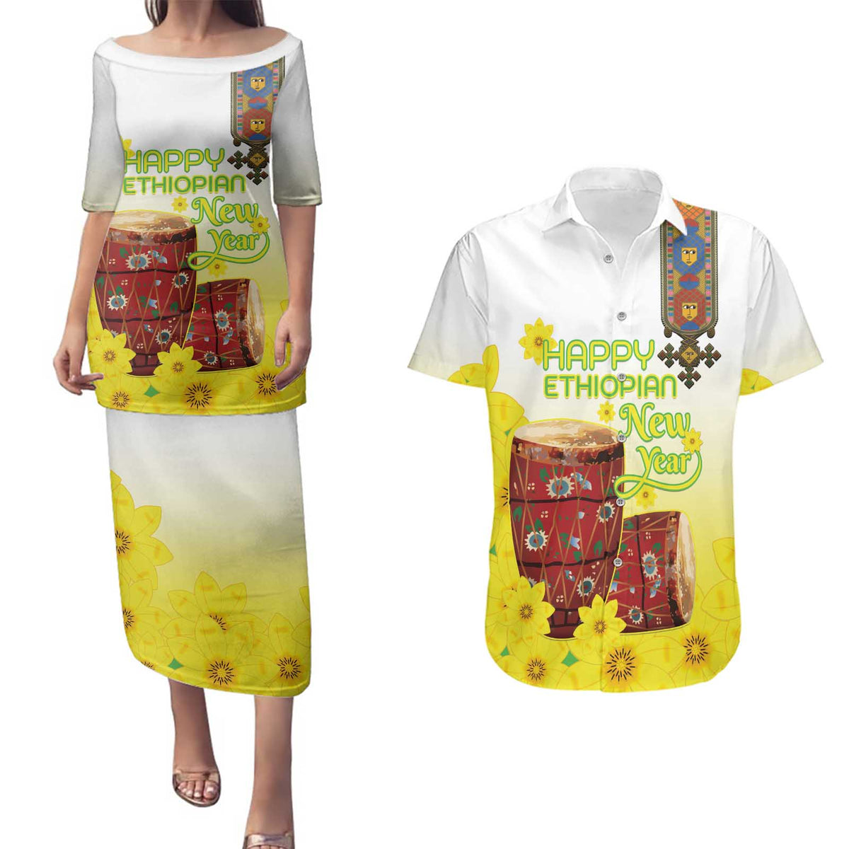 Ethiopian Enkutatash Couples Matching Puletasi and Hawaiian Shirt Kebero Drum With Adey Abeba Flower - Wonder Print Shop