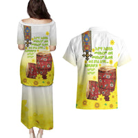 Ethiopian Enkutatash Couples Matching Puletasi and Hawaiian Shirt Kebero Drum With Adey Abeba Flower - Wonder Print Shop