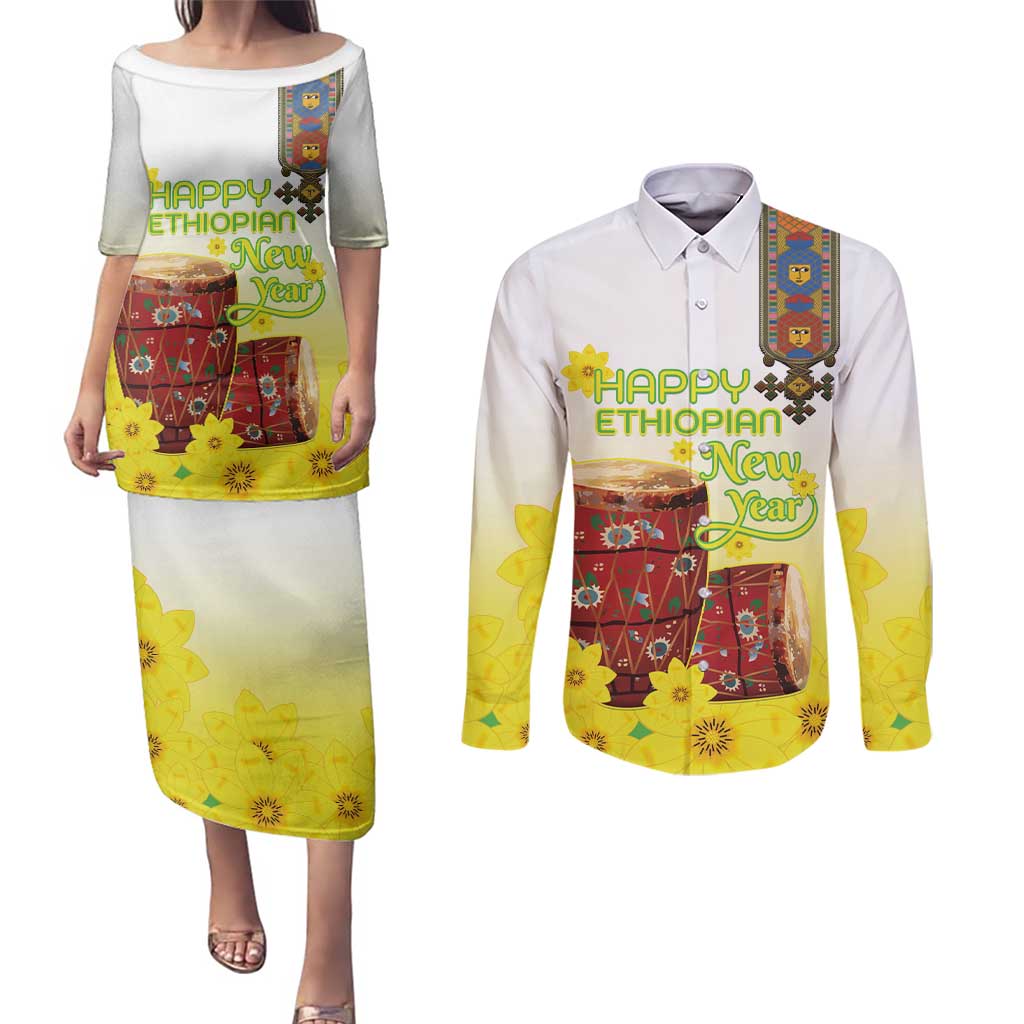 Ethiopian Enkutatash Couples Matching Puletasi and Long Sleeve Button Shirt Kebero Drum With Adey Abeba Flower - Wonder Print Shop