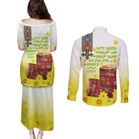 Ethiopian Enkutatash Couples Matching Puletasi and Long Sleeve Button Shirt Kebero Drum With Adey Abeba Flower - Wonder Print Shop