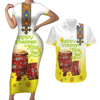 Ethiopian Enkutatash Couples Matching Short Sleeve Bodycon Dress and Hawaiian Shirt Kebero Drum With Adey Abeba Flower - Wonder Print Shop