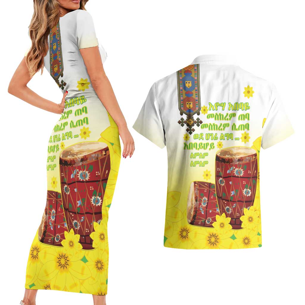 Ethiopian Enkutatash Couples Matching Short Sleeve Bodycon Dress and Hawaiian Shirt Kebero Drum With Adey Abeba Flower - Wonder Print Shop