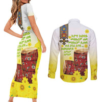 Ethiopian Enkutatash Couples Matching Short Sleeve Bodycon Dress and Long Sleeve Button Shirt Kebero Drum With Adey Abeba Flower - Wonder Print Shop