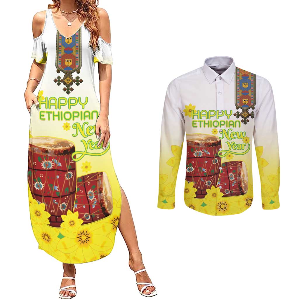 Ethiopian Enkutatash Couples Matching Summer Maxi Dress and Long Sleeve Button Shirt Kebero Drum With Adey Abeba Flower - Wonder Print Shop
