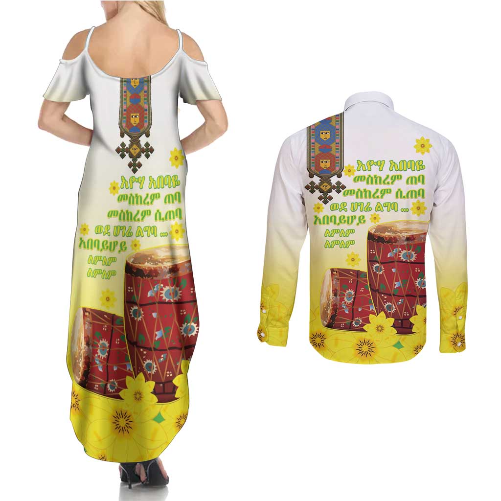 Ethiopian Enkutatash Couples Matching Summer Maxi Dress and Long Sleeve Button Shirt Kebero Drum With Adey Abeba Flower - Wonder Print Shop