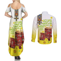 Ethiopian Enkutatash Couples Matching Summer Maxi Dress and Long Sleeve Button Shirt Kebero Drum With Adey Abeba Flower - Wonder Print Shop