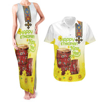 Ethiopian Enkutatash Couples Matching Tank Maxi Dress and Hawaiian Shirt Kebero Drum With Adey Abeba Flower - Wonder Print Shop