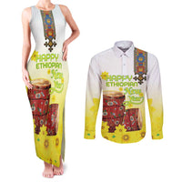 Ethiopian Enkutatash Couples Matching Tank Maxi Dress and Long Sleeve Button Shirt Kebero Drum With Adey Abeba Flower - Wonder Print Shop