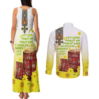 Ethiopian Enkutatash Couples Matching Tank Maxi Dress and Long Sleeve Button Shirt Kebero Drum With Adey Abeba Flower - Wonder Print Shop