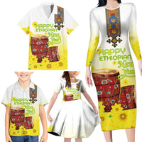 Ethiopian Enkutatash Family Matching Long Sleeve Bodycon Dress and Hawaiian Shirt Kebero Drum With Adey Abeba Flower - Wonder Print Shop