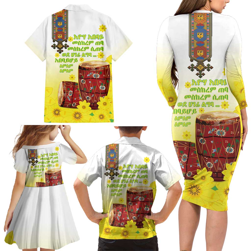 Ethiopian Enkutatash Family Matching Long Sleeve Bodycon Dress and Hawaiian Shirt Kebero Drum With Adey Abeba Flower - Wonder Print Shop