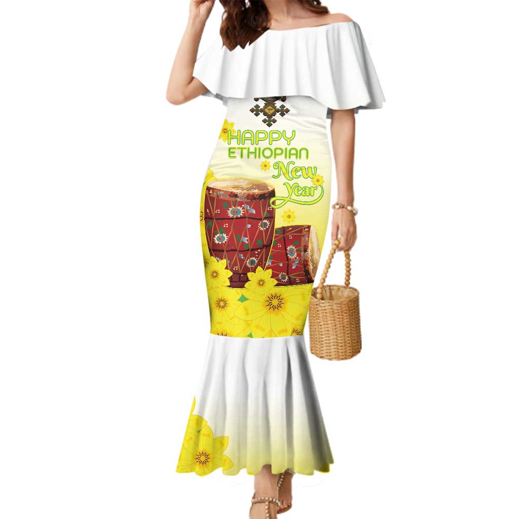 Ethiopian Enkutatash Family Matching Mermaid Dress and Hawaiian Shirt Kebero Drum With Adey Abeba Flower - Wonder Print Shop