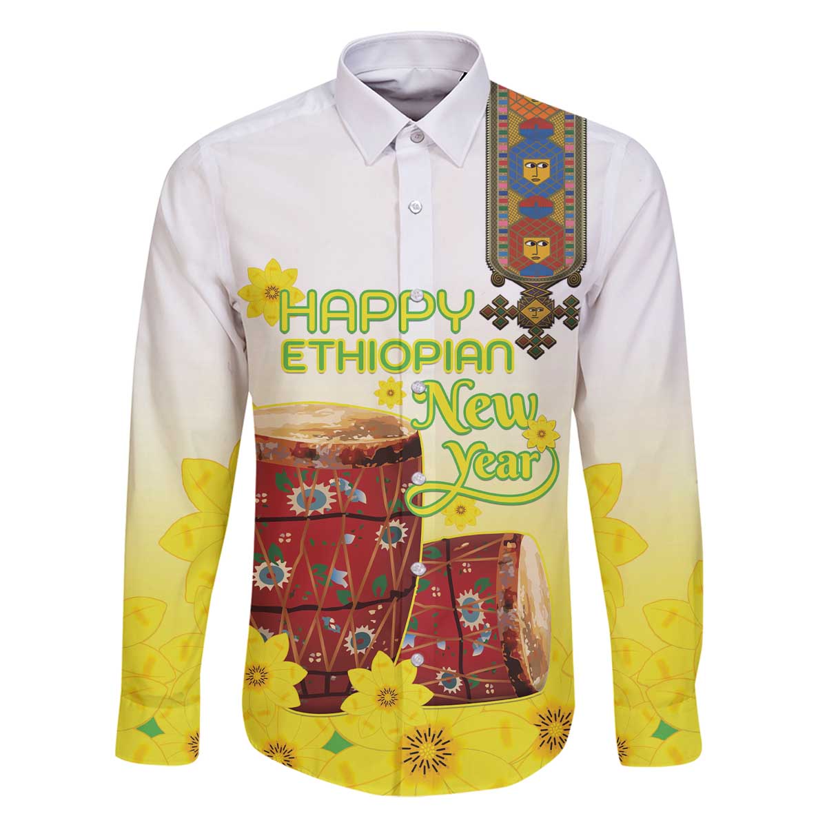 Ethiopian Enkutatash Family Matching Off The Shoulder Long Sleeve Dress and Hawaiian Shirt Kebero Drum With Adey Abeba Flower - Wonder Print Shop