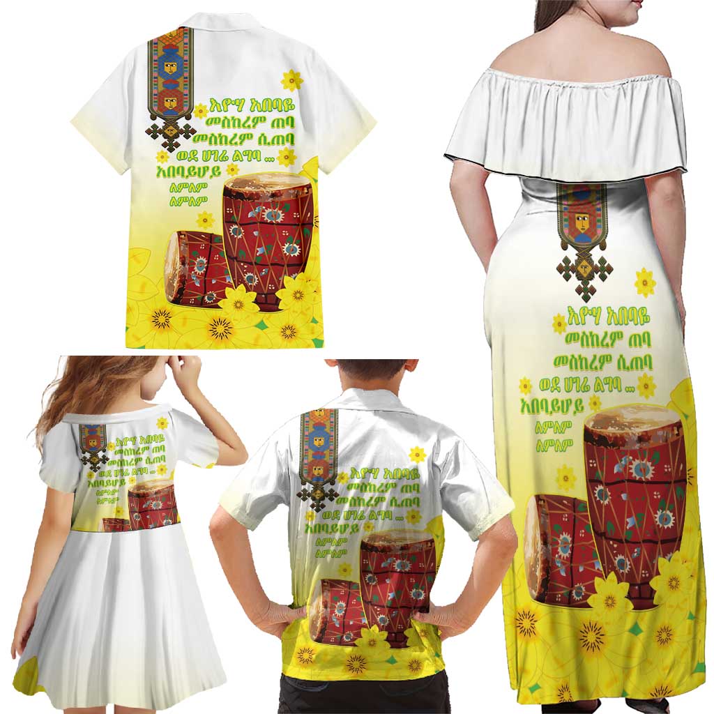 Ethiopian Enkutatash Family Matching Off Shoulder Maxi Dress and Hawaiian Shirt Kebero Drum With Adey Abeba Flower - Wonder Print Shop