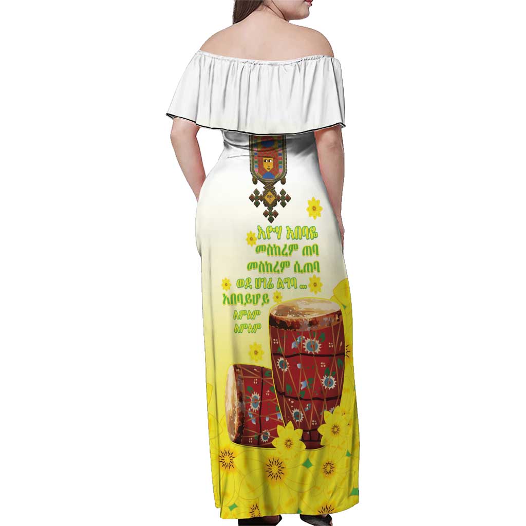 Ethiopian Enkutatash Family Matching Off Shoulder Maxi Dress and Hawaiian Shirt Kebero Drum With Adey Abeba Flower - Wonder Print Shop