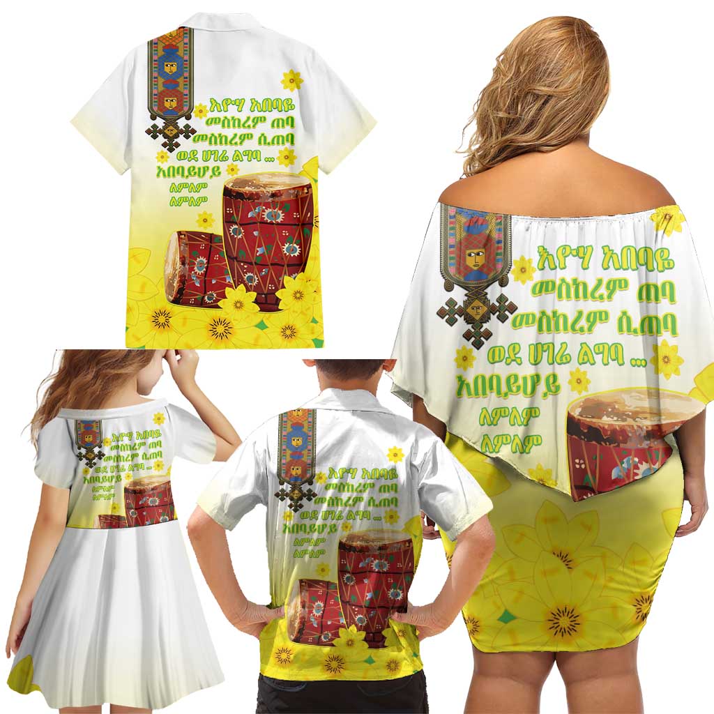 Ethiopian Enkutatash Family Matching Off Shoulder Short Dress and Hawaiian Shirt Kebero Drum With Adey Abeba Flower - Wonder Print Shop