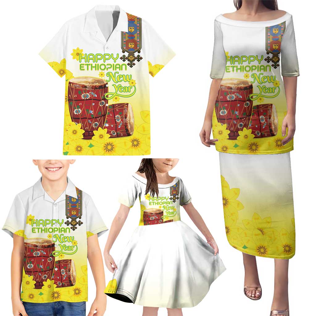 Ethiopian Enkutatash Family Matching Puletasi and Hawaiian Shirt Kebero Drum With Adey Abeba Flower - Wonder Print Shop