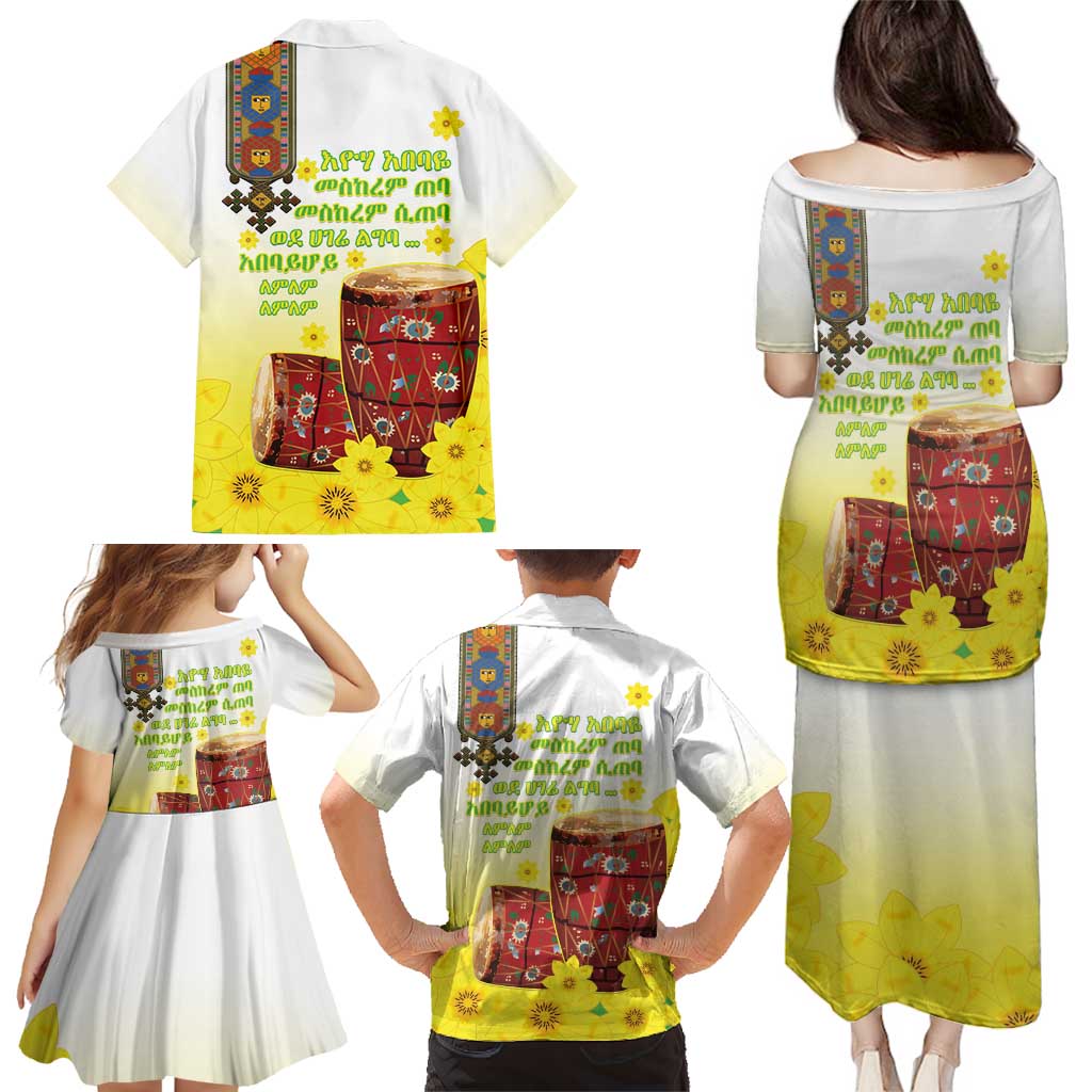 Ethiopian Enkutatash Family Matching Puletasi and Hawaiian Shirt Kebero Drum With Adey Abeba Flower - Wonder Print Shop