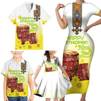 Ethiopian Enkutatash Family Matching Short Sleeve Bodycon Dress and Hawaiian Shirt Kebero Drum With Adey Abeba Flower - Wonder Print Shop