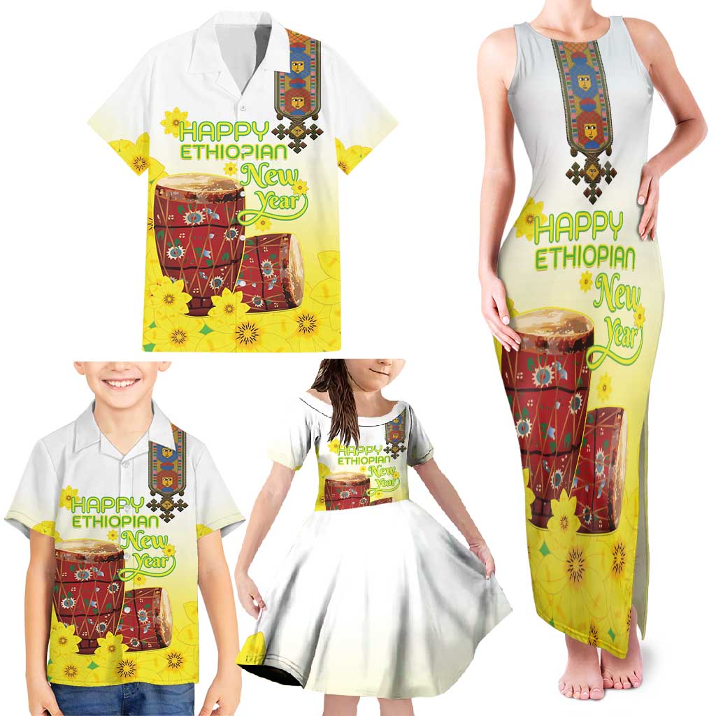 Ethiopian Enkutatash Family Matching Tank Maxi Dress and Hawaiian Shirt Kebero Drum With Adey Abeba Flower - Wonder Print Shop