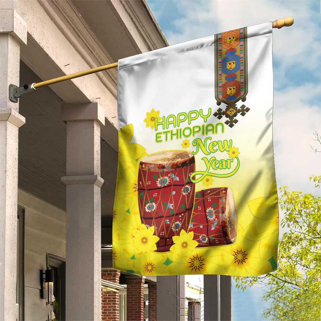 Ethiopian Enkutatash Garden Flag Kebero Drum With Adey Abeba Flower - Wonder Print Shop