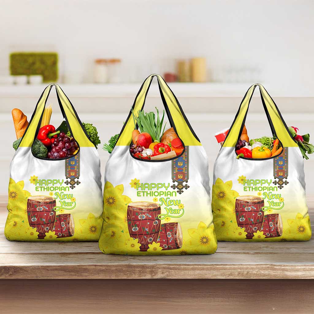 Ethiopian Enkutatash Grocery Bag Kebero Drum With Adey Abeba Flower - Wonder Print Shop